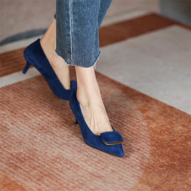 

Osunlina 2021 New Pumps Pointed Toe 5.5cm Thin High Heels Metal Decoration Elegant Kid Suede Handmade Shallow Office Lady Shoes
