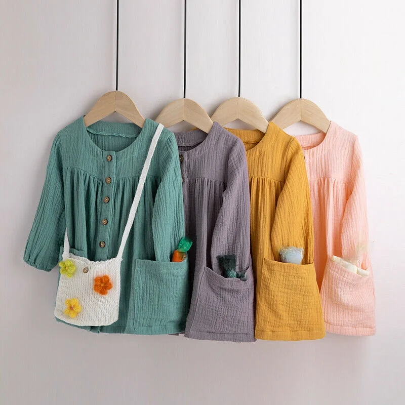 2021 Casual Baby Girls Solid Dress Toddler Kids Long Sleeve Single-breasted Cotton Linen Autumn Clothes 0-6Y | Детская одежда и