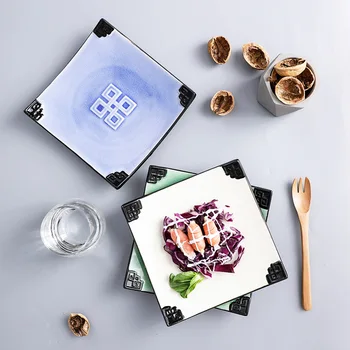 

19cm Square Relief Ceramic Plate Underglazed Porcelain Tableware Steak Salad Tray Anti-skid Dinner Plate Nuts Dessert Snack Dish