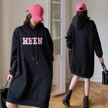 Fall Winter Polar Fleece Women Hoodies Oversized Kpop Clothes Letter Patch Designs Long Sleeve Hoodie Sweatshirt Dress 2021