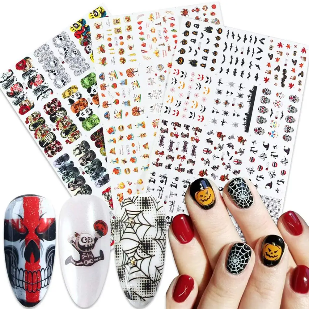 

Halloween Nail Decals Stickers Pumpkin Witch Bat Ghost Skull Self-adhesive DIY Nail Stencil for Halloween Nail Art Decorations