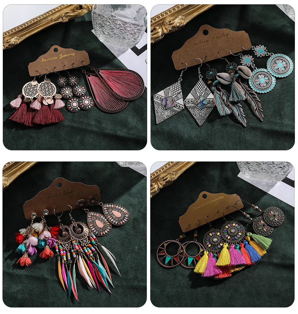 Ethnic Sundry Color Feather Tassel Earrings Sets Bundles for Women 2020 Boho Vintage Metal Water Drop Earring Jewelry Gifts Accessories Wholesale Dropshipping (244)