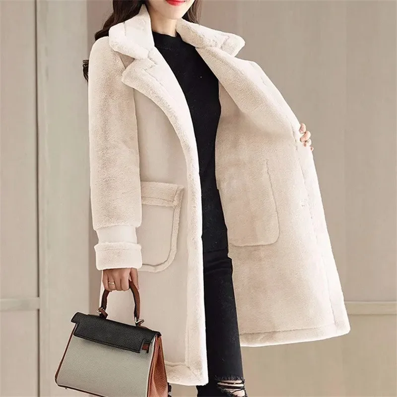 2023 Winter Warm Coat Plush Thick Lamb Wool Coat Women's Mid-Long Thick Velvet Loose Deerskin Plush Fur Coat Female Warm Jackets