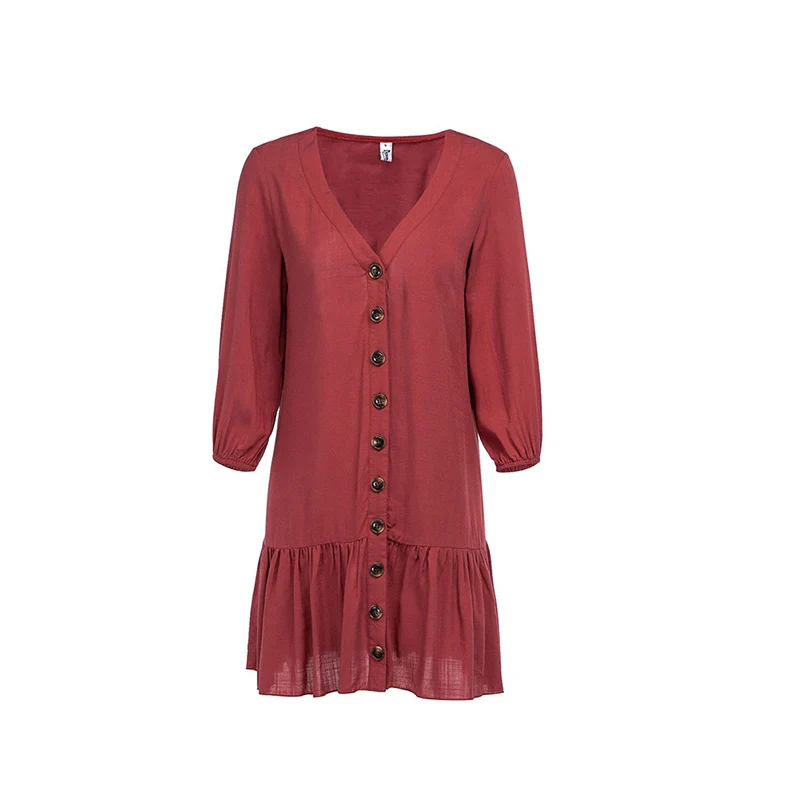 Lzecella, женское платье, мини-рубашка, платья, длинный рукав, пуговицы, v-образный вырез, плиссированные платья, винтажное весеннее женское платье vestidos - Цвет: Red