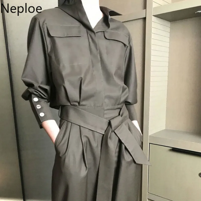 Neploe/облегающие комбинезоны с высокой талией для женщин, свободные, для работы в офисе, комбинезоны со стоячим воротником, плиссированные боди с поясом, Осень-зима 46597