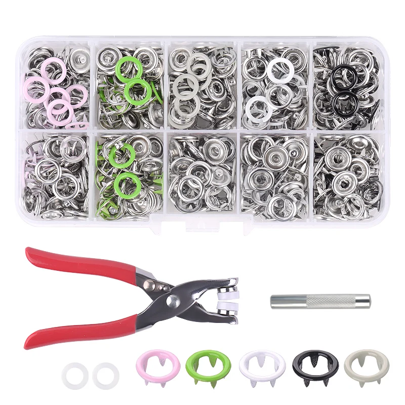 150 Sets 9.5mm 10 Colors Prong Ring Press Studs Snap Fasteners Dummy Clip Pliers 
