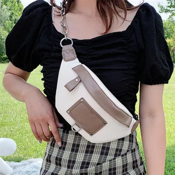 

Designer Crossbody Bags for Women Chain Contrast Color Waist Chest Bag Female Trendy PU Leather Small Messenger Hand Bag Purses