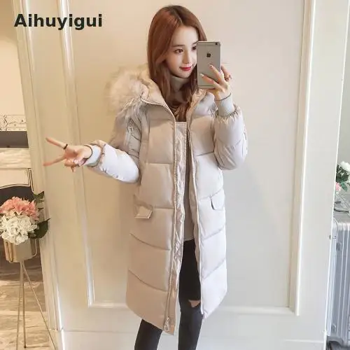 Aihuyigui 2019 Толстая теплая Длинная зимняя женская куртка пальто с капюшоном из