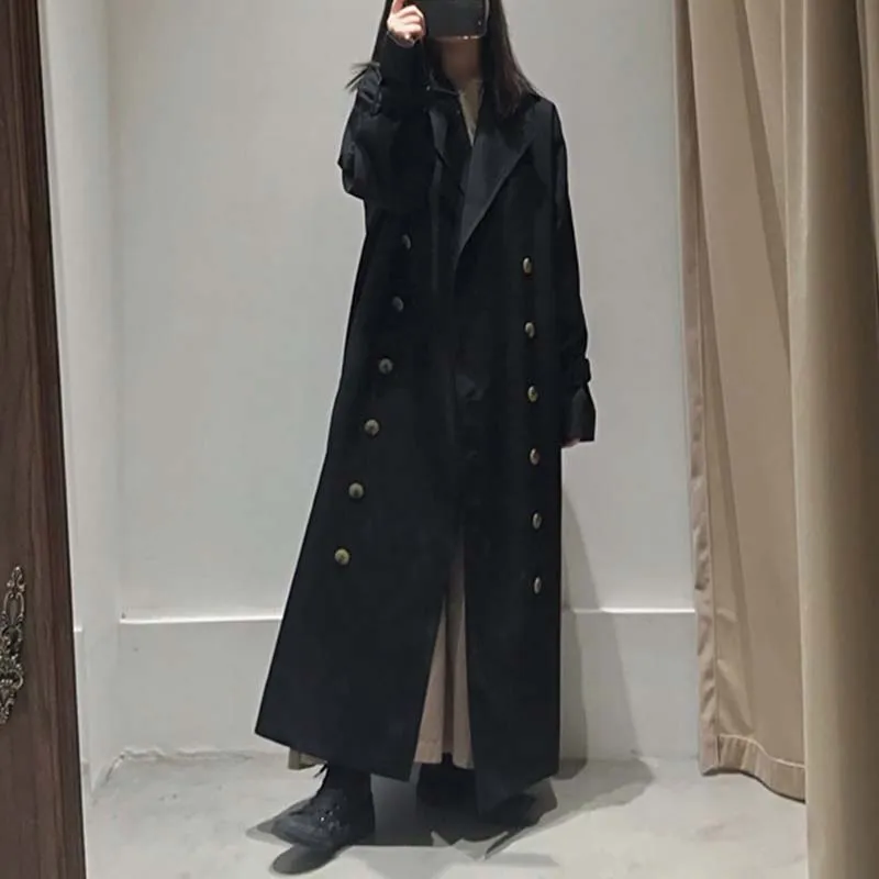 Nordic Women Trench Coat Black/ Khaki Overcoat Casual Cotton Double Breasted Long Women Trench Jacket with Belt