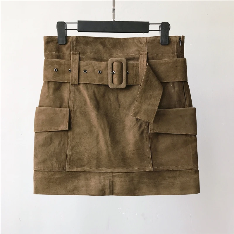 khaki suede belt Байкерская юбка-борцовка из замши/овчины с высокой посадкой, прошитая юбка на молнии с асимметричным разрезом и передним карманом в стиле рок, юбка с запахом - Цвет: khaki suede belt