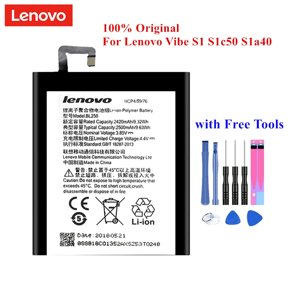100% Оригинальный аккумулятор BL250 для Lenovo Vibe S1 S1c50 S1a40 2420/2500 мАч с реальной емкостью