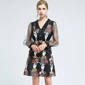

Red RoosaRosee Designer Women new autumn spring peter pan collar mesh print vitange dress