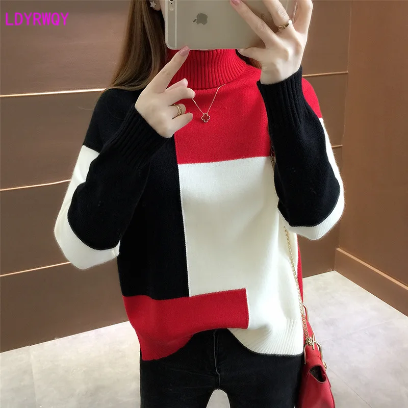 

2019 autumn and winter new Korean women's loose hooded high collar wild thick color matching knit bottoming shirt Full