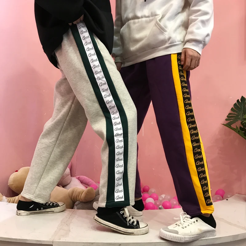 Neploe Harajuku, уличная одежда, Ретро стиль, длинные штаны, контрастные по бокам, цветные, с буквами, брюки для отдыха, для женщин и мужчин, флисовые прямые штаны, 55609