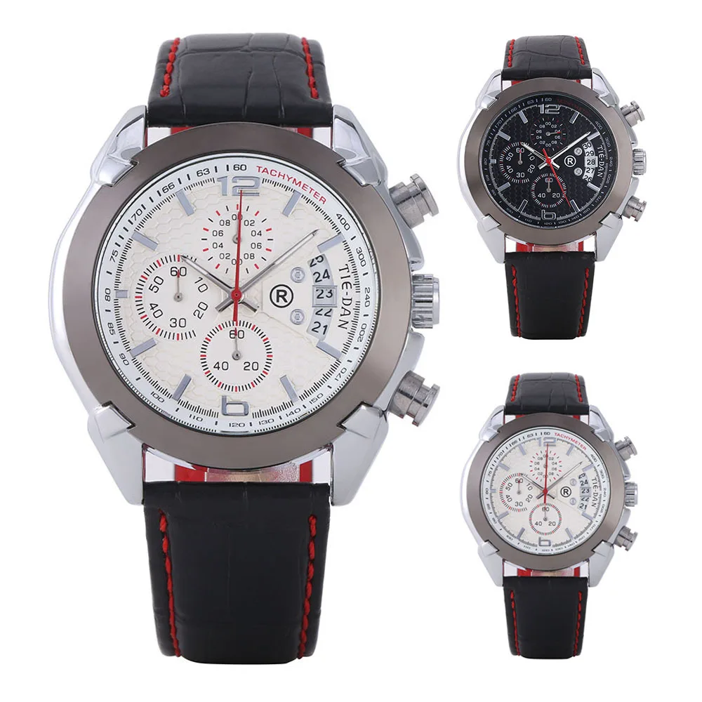 

Tie-Dan Three Small Dribbling Calendar Decorative Pattern Dial Leather Belt Quartz Leather Strap Watch