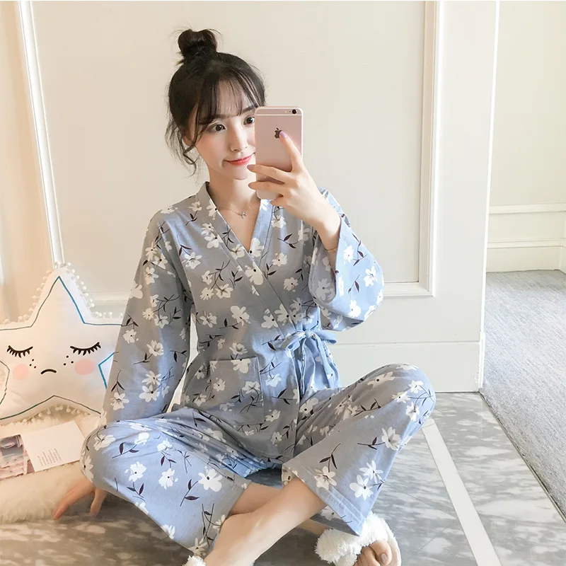 

Spring And Autumn Kimono Pajamas Women Long Sleeve Set Pure Cotton Students Cute Japanese Style Two-Piece Set Outer Wear Thin Ho