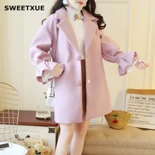 SWEETXUE Женское пальто Верхняя одежда зимние милые теплые шерстяные смеси женские элегантные расширяющиеся к низу рукава Бисероплетение свободное шерстяное пальто