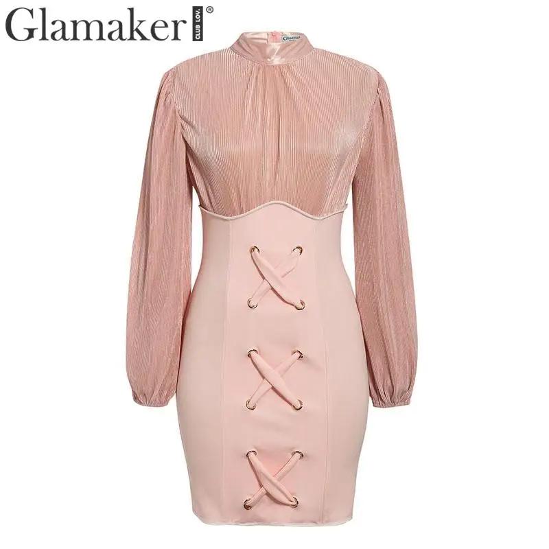 Glamaker-Sexy-patchwork-bodycon-short-dress-Women-lantern-sleeve-pink-autumn-dress-Female-high-waist-pleated (3)