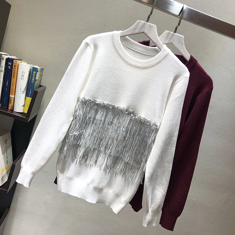 ALPHALMODA осенне-зимние модные свитера с бахромой с длинными рукавами и круглым вырезом стильный джемпер с кистями женская модная одежда