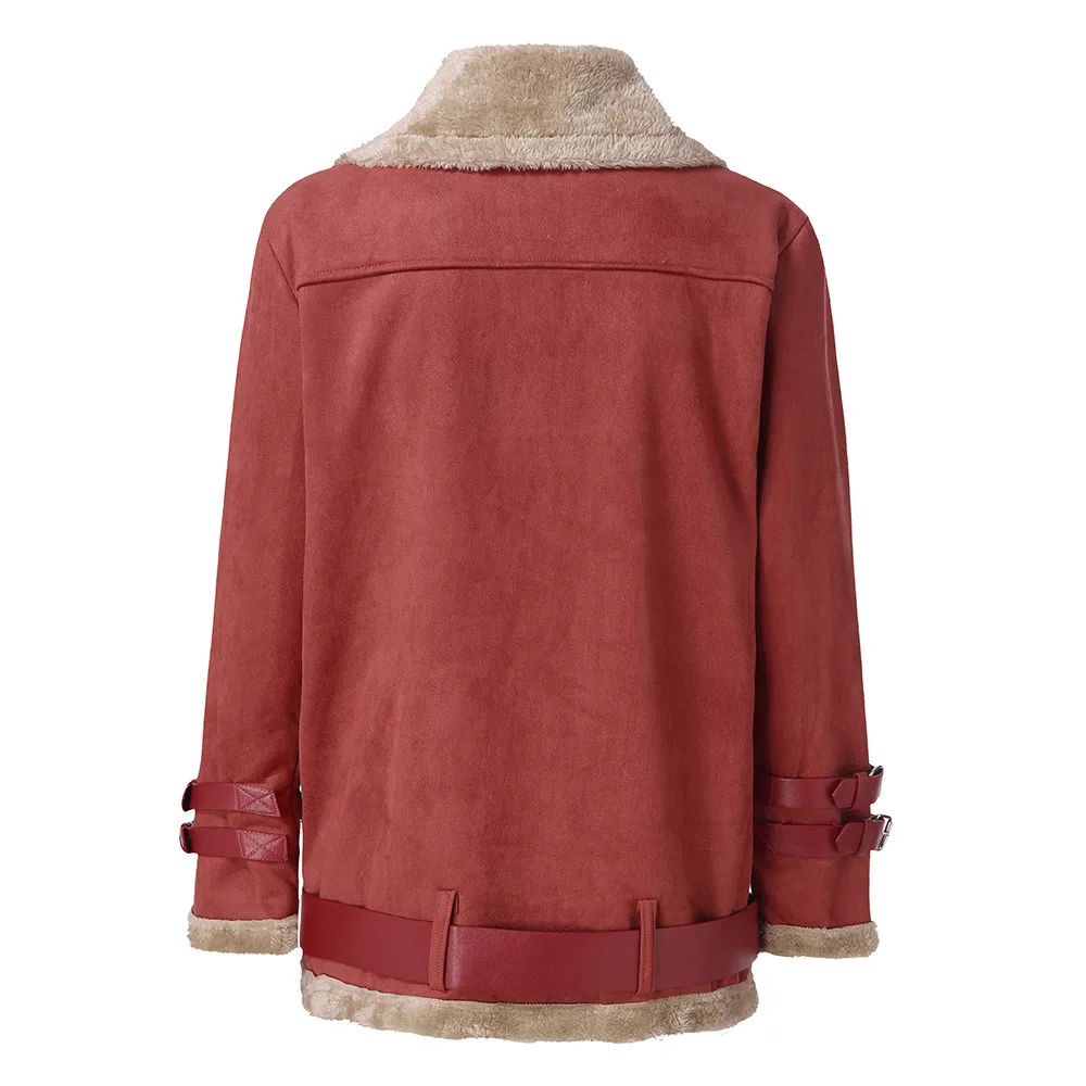 Зимняя женская флисовая куртка из искусственного меха, верхняя одежда, теплая байкерская куртка-Авиатор с отворотом, Женская бархатная куртка из овечьей кожи с оленем