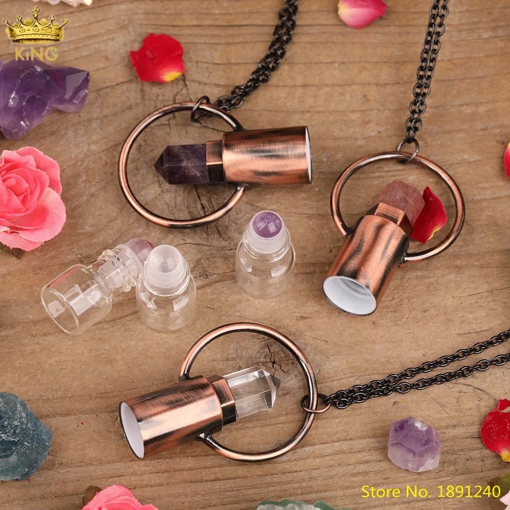 2ML Natural Pink Roses White Amethysts Quartz Crystal Perfume Essential Oil Diffuser Roll On Bottle Pendant Necklace Women Gift