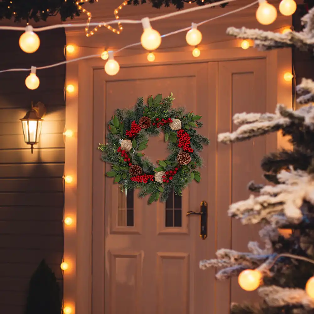 18in Christmas Wreath Window Door Ideal Winter Advent Garland Decorated Red Berries Evergreen Leaves Burlap Ball Indoor Outdoor Aliexpress