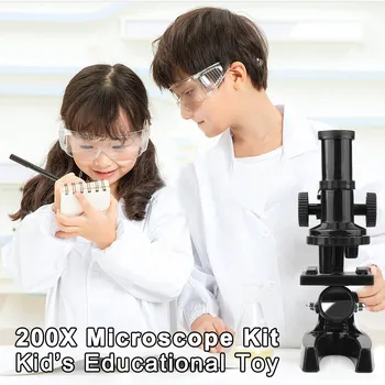 

200X Microscope Kit with Fiber Sample Tweezer Slides Dropper Magnifier Cover Glass for Children Scientific Instruments Toy Black