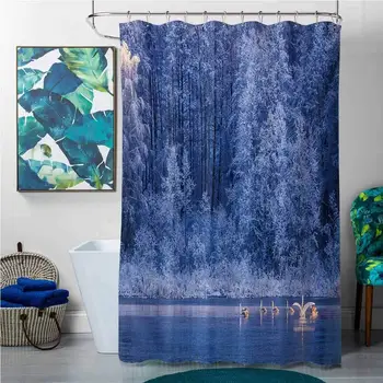 

Shower Curtains Striped Winter,Swans Swimming Lake Dusk Forest Dramatic Idyllic Nature ICY Snowy Weather Rural Scene,Blue,W69 x