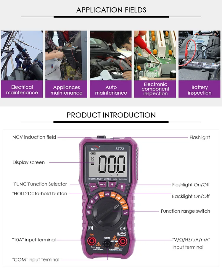 Nicetymeter ST72 ЖК-дисплей Цифровой мультиметр Авто Диапазон батареи тест портативный автомобильный тестер с подсветкой NCV светодиодная вспышка DIY