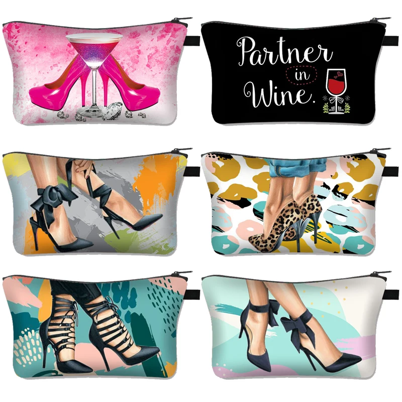 

Fashion Wine Print Cosmetic Case High Heel Women Toiletry Bag Ladies Makeup Bag Girls Lipstick Bags Small Clutch Pouch Gift