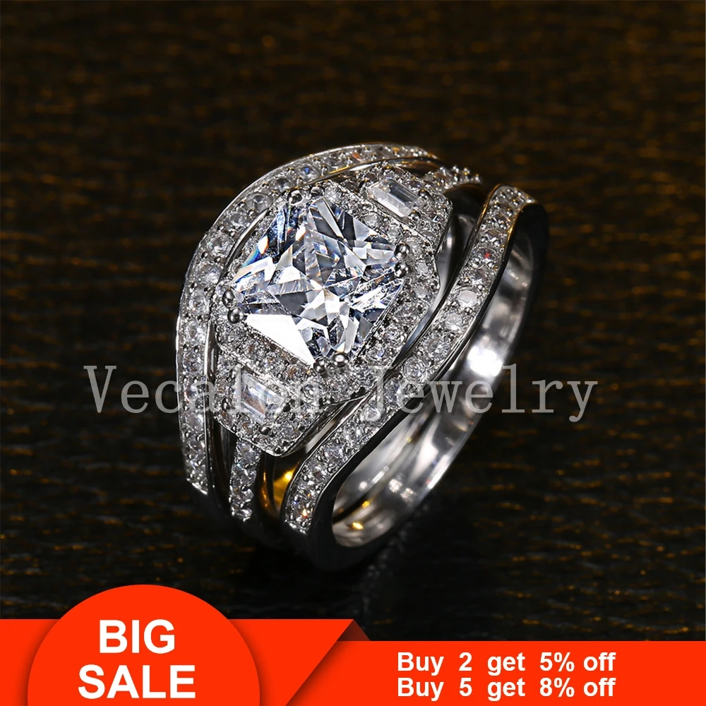 Vecalon Подушка cut 3ct AAAAA Циркон Cz 3-в-1 Обручение обручальное кольцо для Для женщин 14KT золотое покрытие вечерние кольцо
