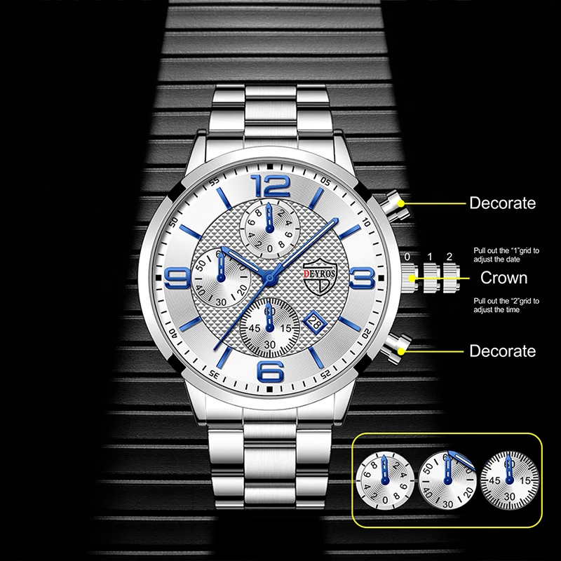 Reloj de negocios de lujo para hombre, cronógrafo de cuarzo, de acero inoxidable, luminoso, con calendario de cuero