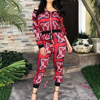 

Print Casual Sport Two Piece Sets Off Shoulder Full Sleeve Zipper Top Bandage Pants Tracksuits Plus Size Red Club Sexy Outfits