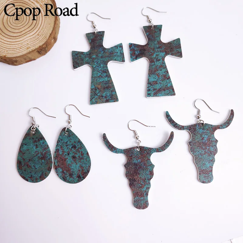 

Cpop Vintage Bull Head Cross Earrings PU Leather Water Drop Earring Women Jewelry Accessories Gift for Friend Hot Sale Wholesale