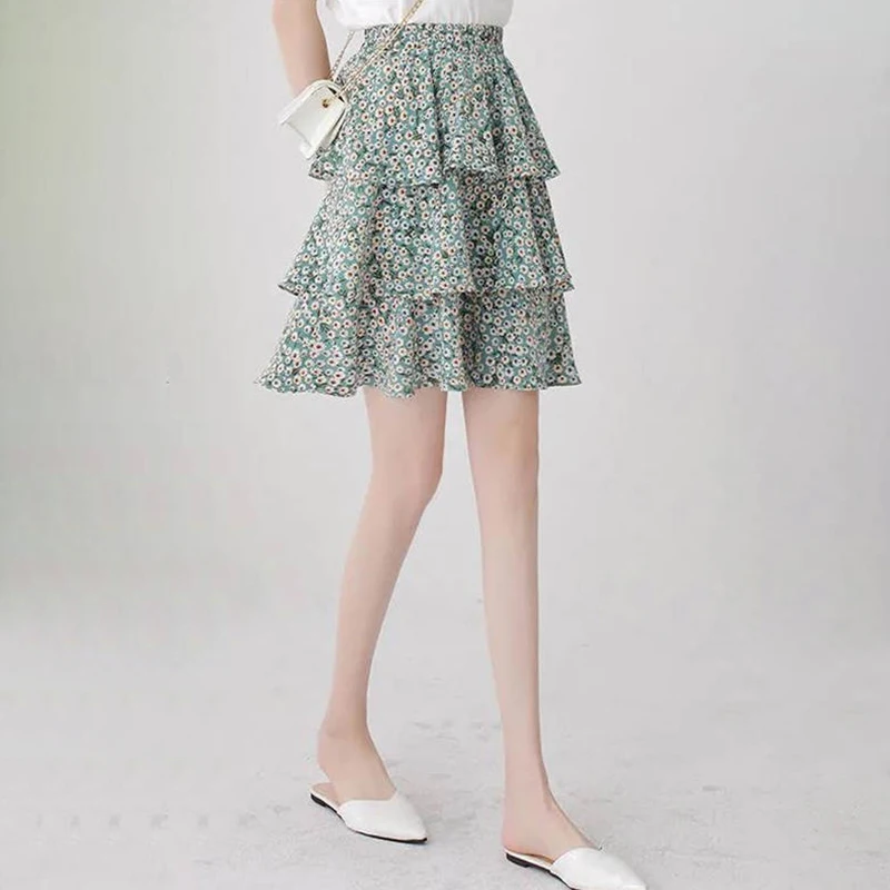 

Summer Women Floral Chiffon Skirts Vintage High Waist Elastic Chic Long Ball Gown Cake A-line Pouf Bust Skirt for Student Lolita