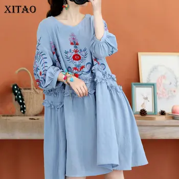 

XITAO Patchwork Agaric Lace Blue Dress Embroidery Pleated Hem Cotton Linen Dress Pullover Three Quarter Sleeve Autumn WQR1468