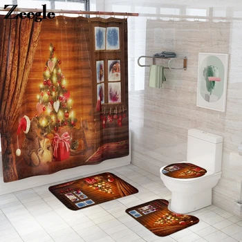 

Christmas Tree Print Bath Mat and Shower Curtain 4-piece Set Microfiber Non Slip Bathroom Carpet Toilet Rug Absorbent Rug Suit