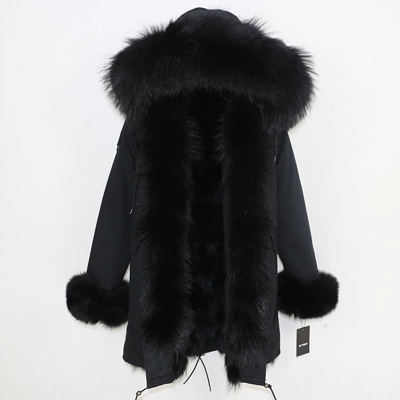 full black F Женская парка на натуральном меху OFTBUY, черное пальто с натуральным лисьим мехом, с капюшоном с отделкой из меха енота, толстая теплая уличная одежда, зима - Цвет: full black F