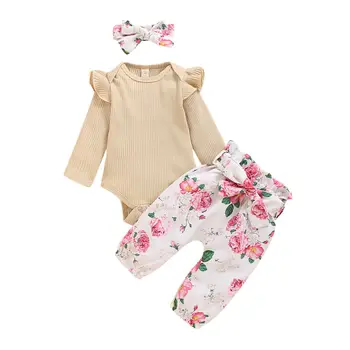 

CANIS Autumn Infant Baby Girl Clothes Long Sleeve Solid color Bodysuit Tops Flower Skirts Pants Headband Outfits Set