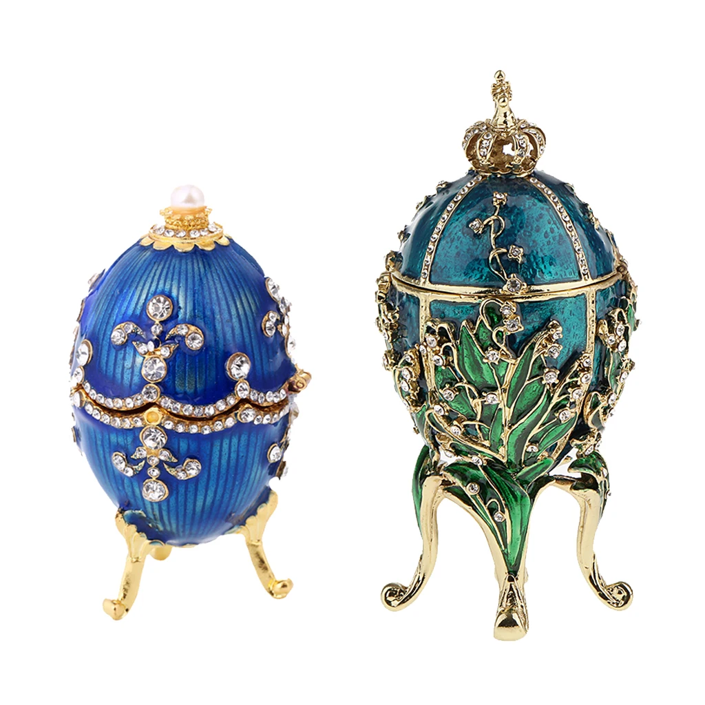 2Pcs Crystal Easter Faberge Egg Jewelry Box Earrings Russian Trinkets Case