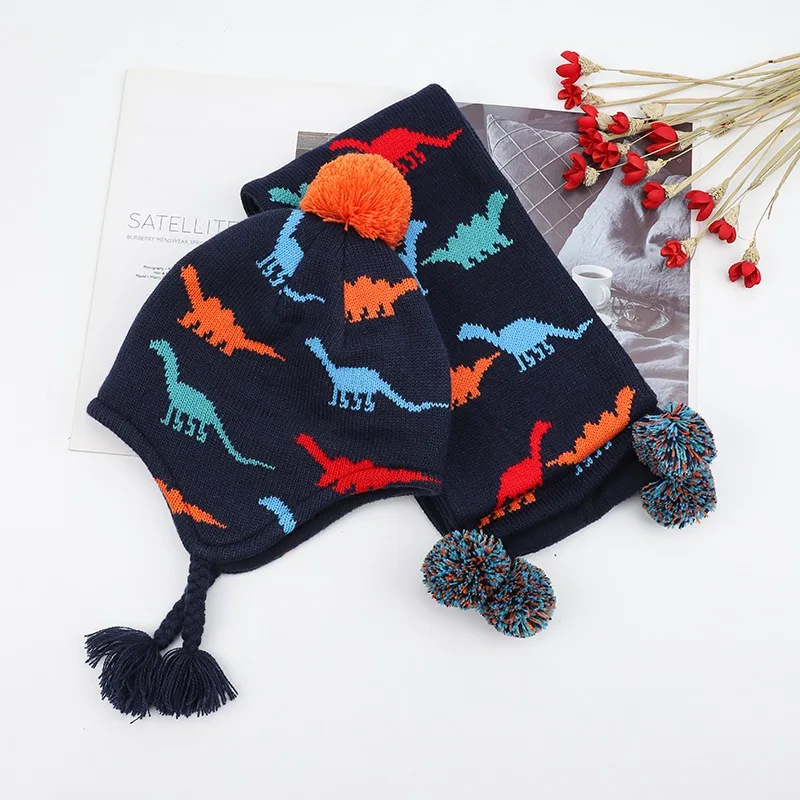 Toddler Baby Boy Scarf Winter Kids Dinosaur Fleece Lining Autumn Knit Warm Accessory Thick Acrylic Long Skiing Outdoor Scarves