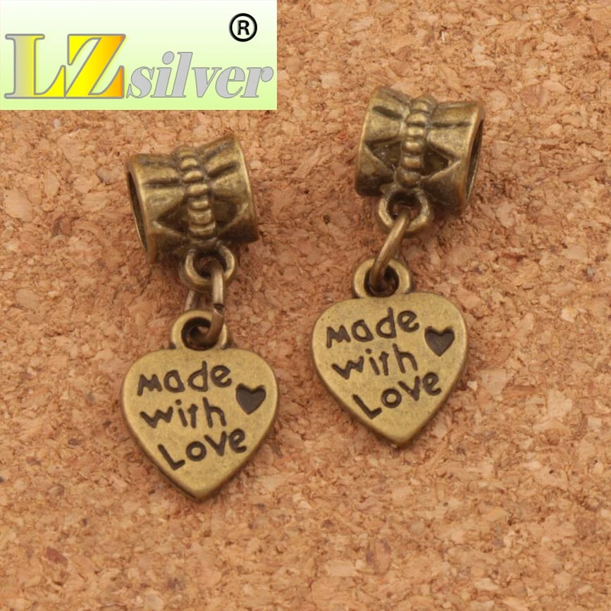 Made With Love Heart Big Hole Beads 9.8x23.5mm 100pcs Zinc Alloy Bronze Fit European Charm Bracelets Jewelry DIY B319