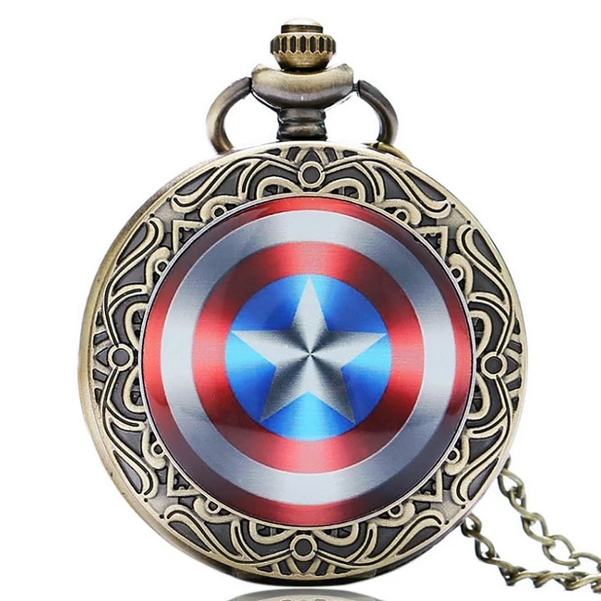 Классический крутой значок Капитана Америки Брелок кварцевые карманные часы с серебряным ожерельем цепь лучшие подарки для детей P497 - Цвет: big dial