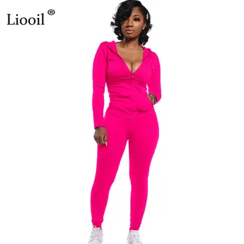 

Liooil Two Piece Set Sexy Hooded Coat And Pants 2020 Long Sleeve Zip Up Pockets Tracksuit Women Jogging Femme 2pcs Matching Sets