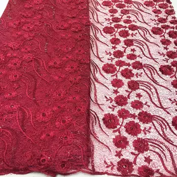 

2019 High quality red color African Sequins wedding lace fabric Hot selling French tulle net lace fabric New embroidered lace