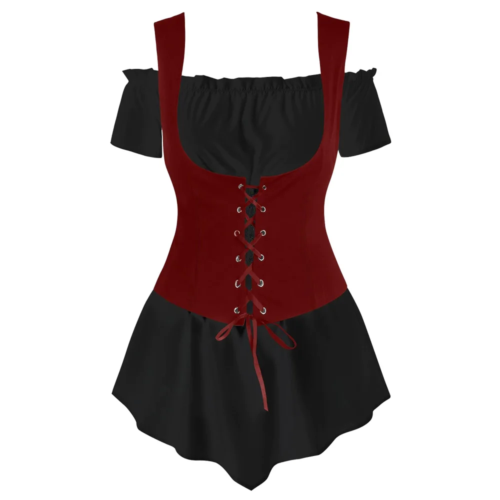 S~ 5XL размера плюс, Женская Ретро блузка, 2 шт, на шнуровке, жилет, набор, с открытыми плечами, летняя, винтажная, Blusas, с коротким рукавом, готические топы, Новинка