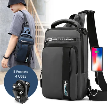

Men Nylon Backpack Knapsack Daypack Cross Body Bags with USB Charging Port Travel Male Sling Rucksack Messenger Chest Bag 4 USES