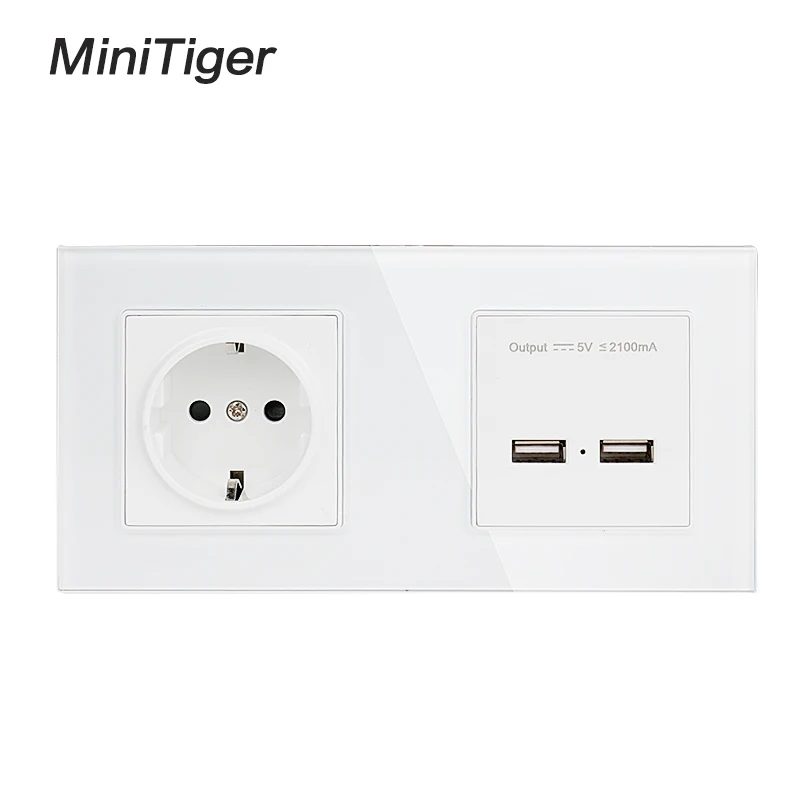 Minitiger настенное Хрустальное стекло панель 2 банды розетка заземленная 16А ЕС электрическая розетка с двойным с usb-портом и зарядкой порт 5 В 2A - Тип: White