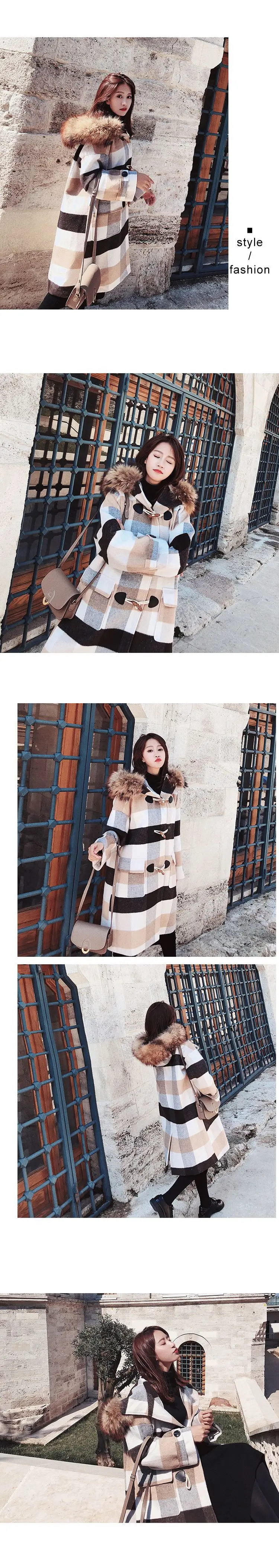 Фотосессия Южная Корея Ulzzang контрастный цвет клетчатый шерстяное пальто Женская осень и зима большой меховой воротник с капюшоном тумблер пальто