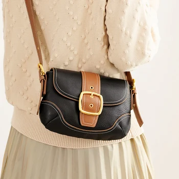 

WOONAM Women Fashion Handbag Top Hide Genuine Calf Leather Contrast Color Saddle Medium Belt Shoulder Cross Body Bag WB1108